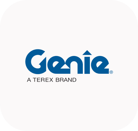 Genie logo in blue text with a triangle over the "i" and "A Terex Brand" in smaller black text below on a white background.