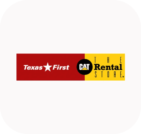 Logo with a red Texas First section and a yellow The CAT Rental Store section, separated by the black-and-white CAT logo.