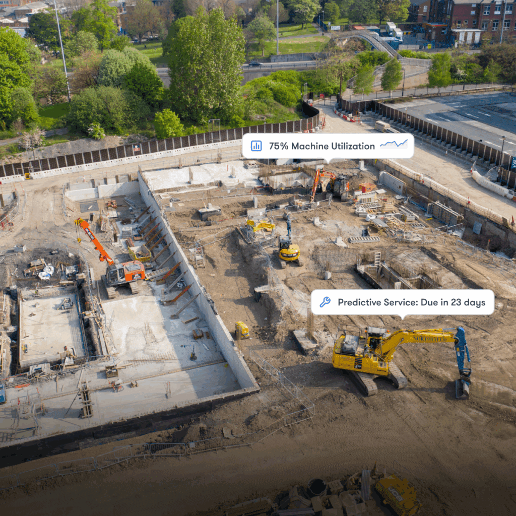 Construction site with excavators and machinery, concrete walls, overlay shows “75% Machine Utilization”—highlighting fleet management.