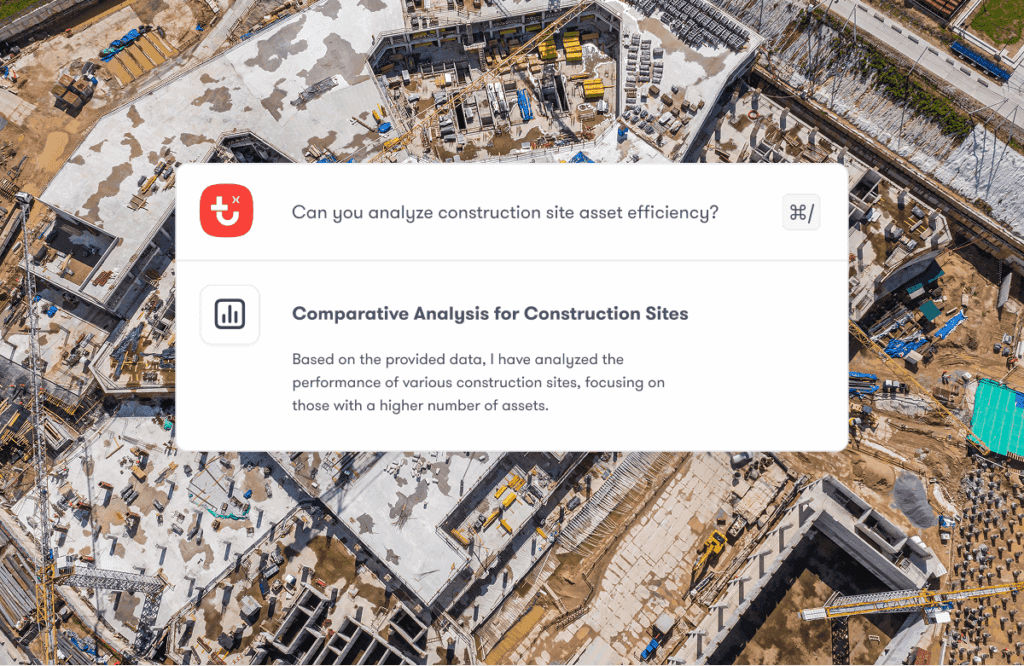 Aerial view of a construction site with cranes and materials, featuring a digital pop-up on safe equipment access and construction IoT efficiency.