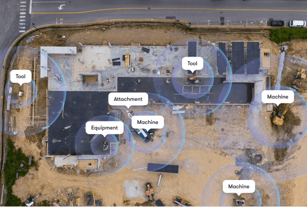 Aerial view of a construction site with labeled Tool, Equipment, Attachment, and Machine zones highlighted for equipment tracking.