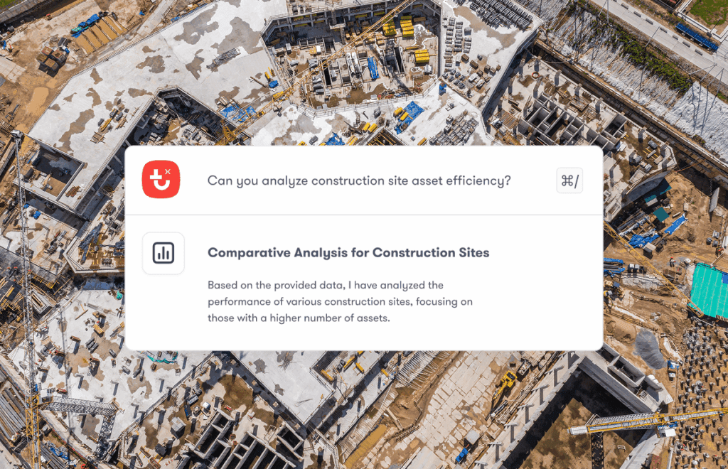 Aerial view of a construction site with in-progress buildings and a digital prompt about safe equipment access and comparative analysis.