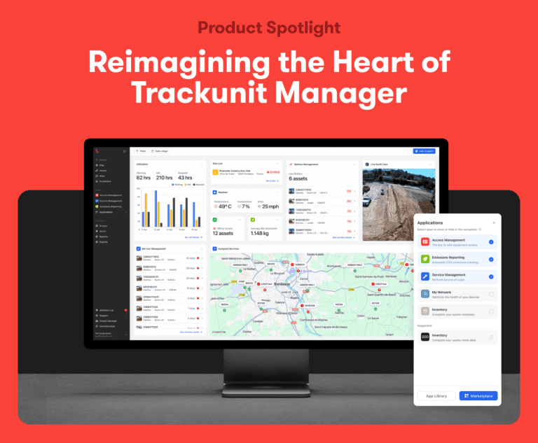 A monitor shows the updated Trackunit Manager interface with charts, map, and data for fleet management. Text reads the new slogan.