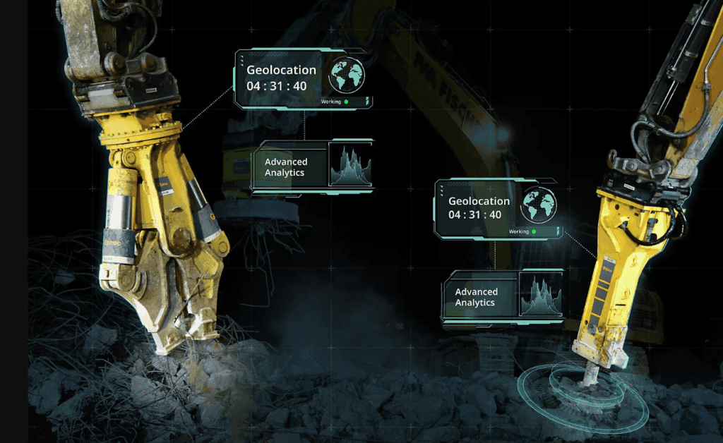 Two yellow robotic arms work in rubble, with digital overlays showing real-time analytics and geolocation for a connected jobsite.