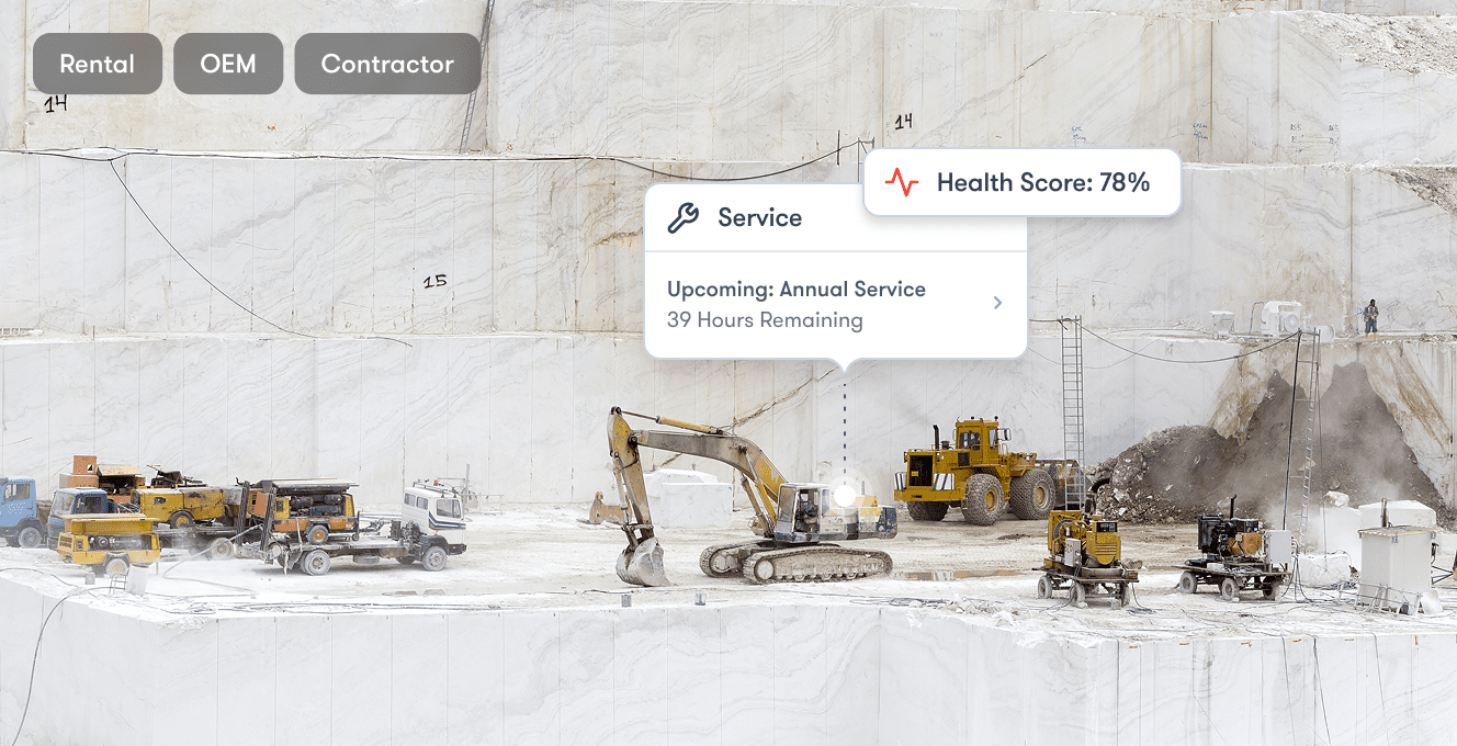 A quarry construction site with heavy machines and a digital overlay showing equipment health and service info, highlighting fleet management.
