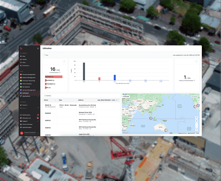A computer screen shows a dashboard with equipment data and graphs, over an aerial view of a construction site for fleet management.