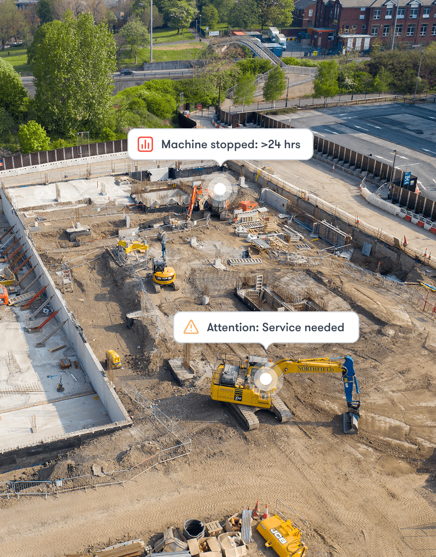 Aerial view of a construction site with excavators and notifications about machine downtime and service needs, illustrating fleet management.