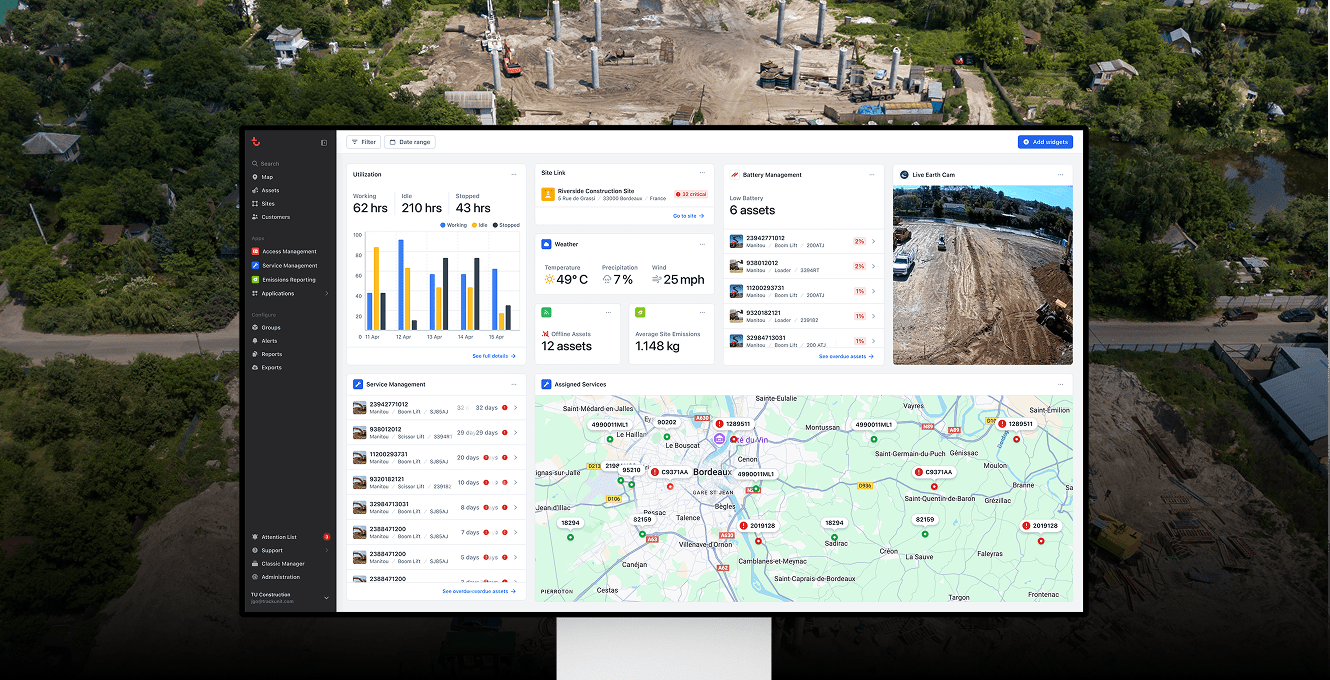 A computer displays a construction dashboard with charts and live cam; construction equipment is visible on the connected jobsite.