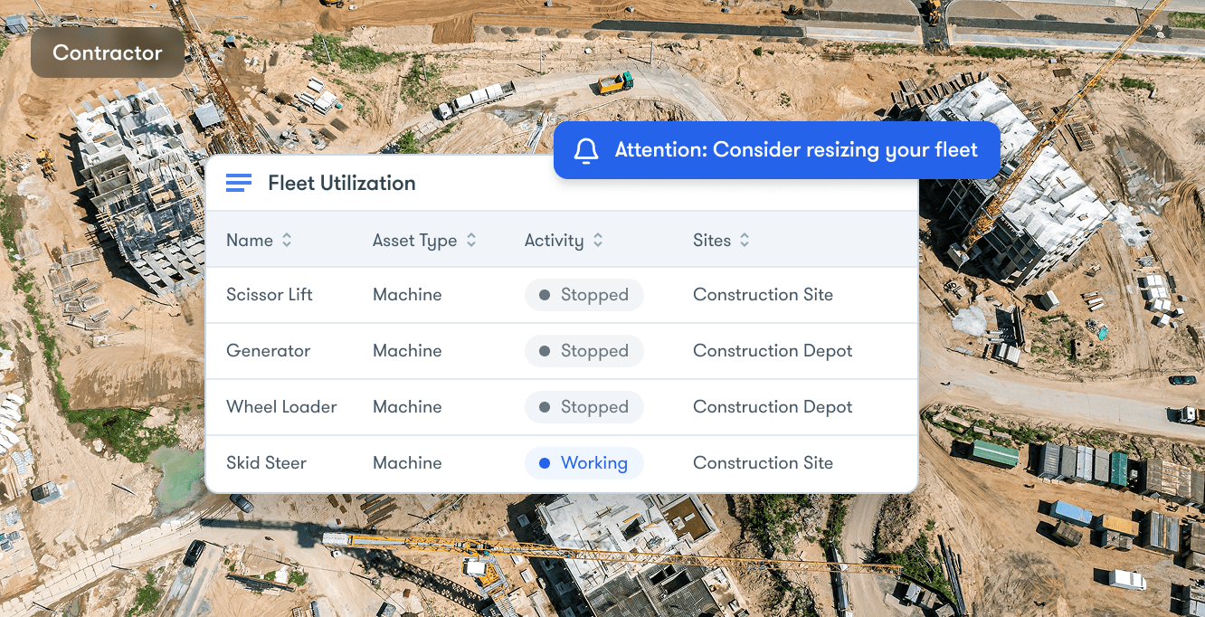A fleet utilization dashboard overlays a construction site, showing machine status, locations, and a resize fleet alert. Construction IoT.