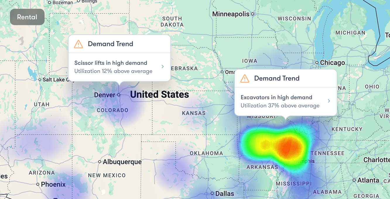 Heat map of central US shows high demand for scissor lifts in Colorado and excavators in Arkansas; highlights construction equipment tracking.