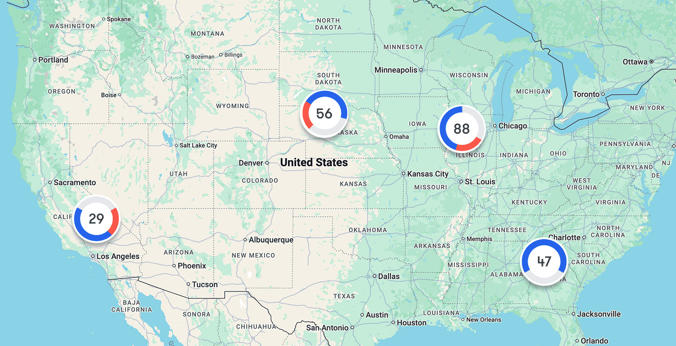 US map with numbered markers highlighting data clusters in California, North Carolina, Minnesota, and Illinois for construction IoT.