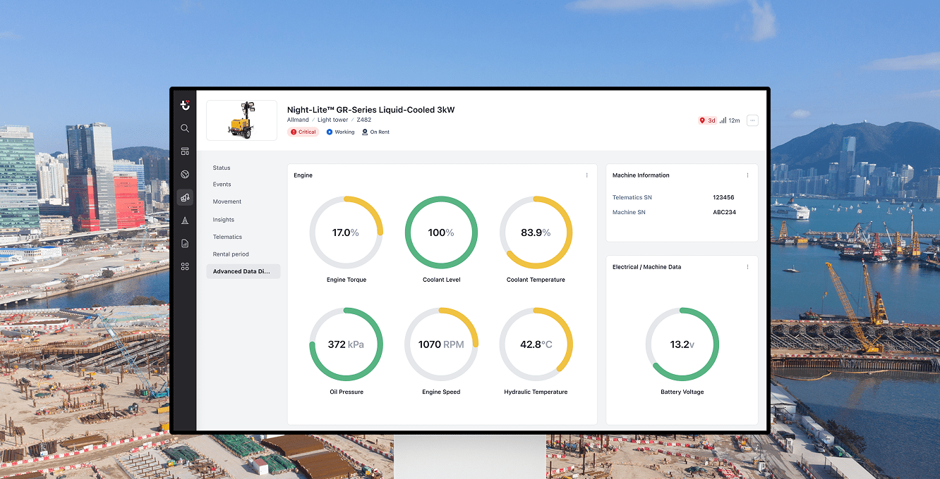 A monitor shows engine gauges on a data dashboard with a harbor and construction site in the background, highlighting construction IoT.
