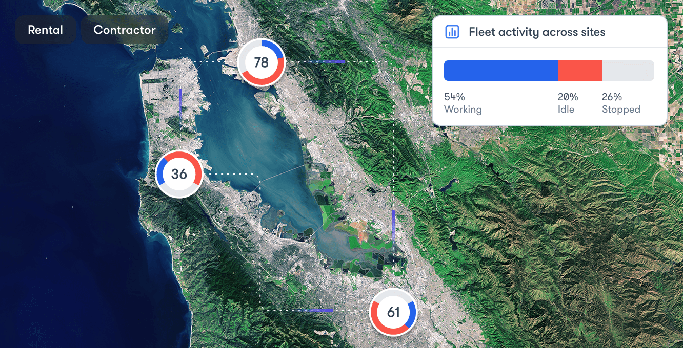 Satellite map of San Francisco Bay Area with three fleet activity markers and a status chart, showing construction equipment tracking data.