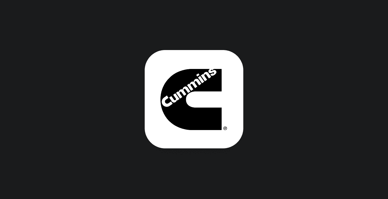 Cummins logo: bold black C with "Cummins" diagonally inside, on a white rounded square with a dark background.
