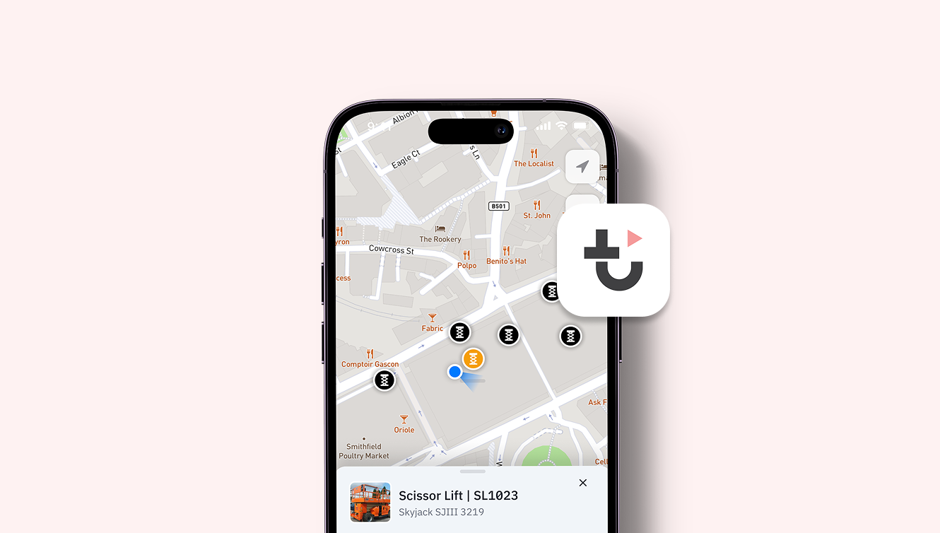 A smartphone shows a map with markers and a scissor lift listing, highlighting construction equipment tracking features.