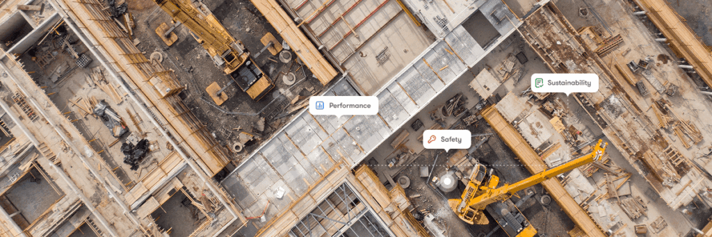 Aerial view of a connected construction site with cranes, building materials, and labels for Performance, Safety, and Sustainability.