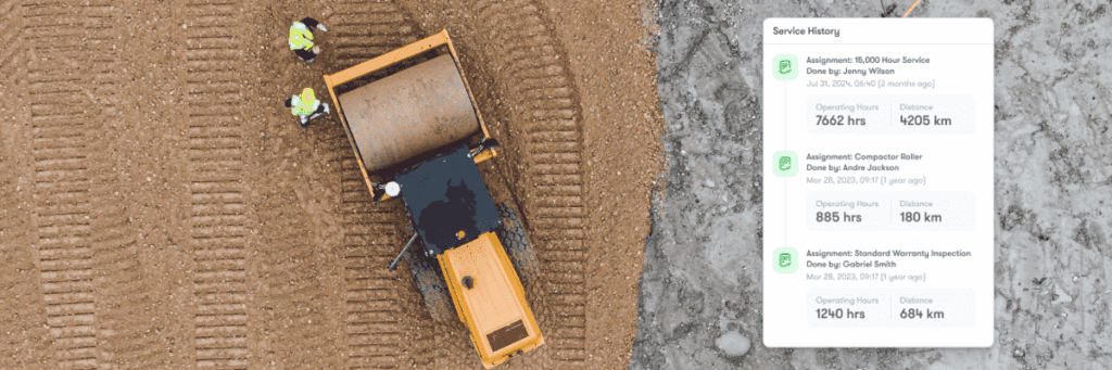 Aerial view of a yellow road roller and two workers on a dirt site, with a screen showing equipment data for construction IoT.