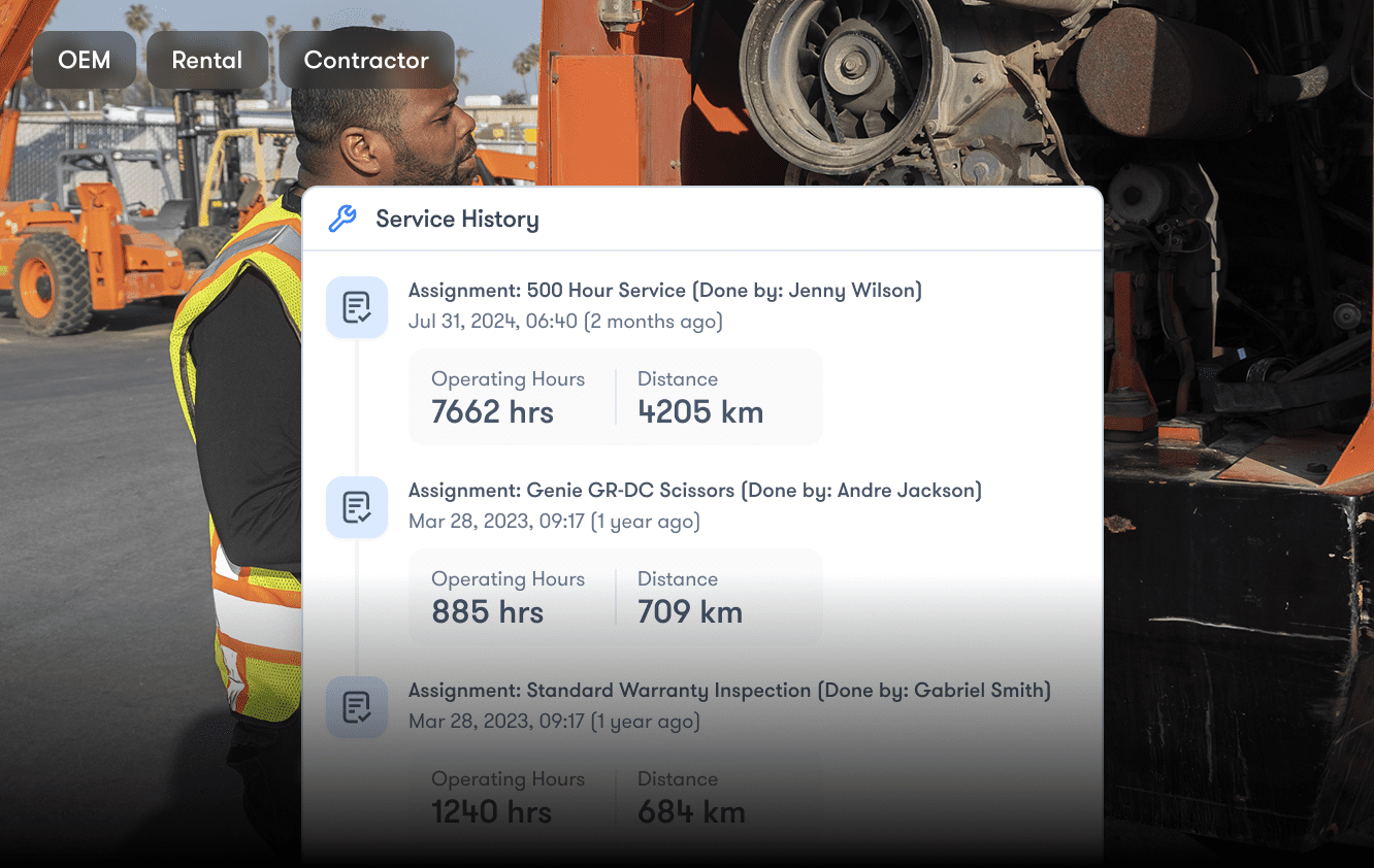 A man in a safety vest inspects heavy equipment outdoors. An overlay displays recent maintenance details, showing fleet management data.