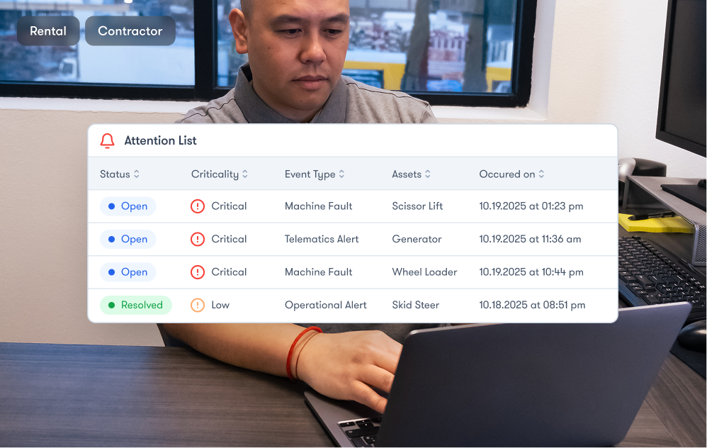 A man at a desk uses a laptop displaying a digital dashboard of equipment issues for construction equipment tracking.