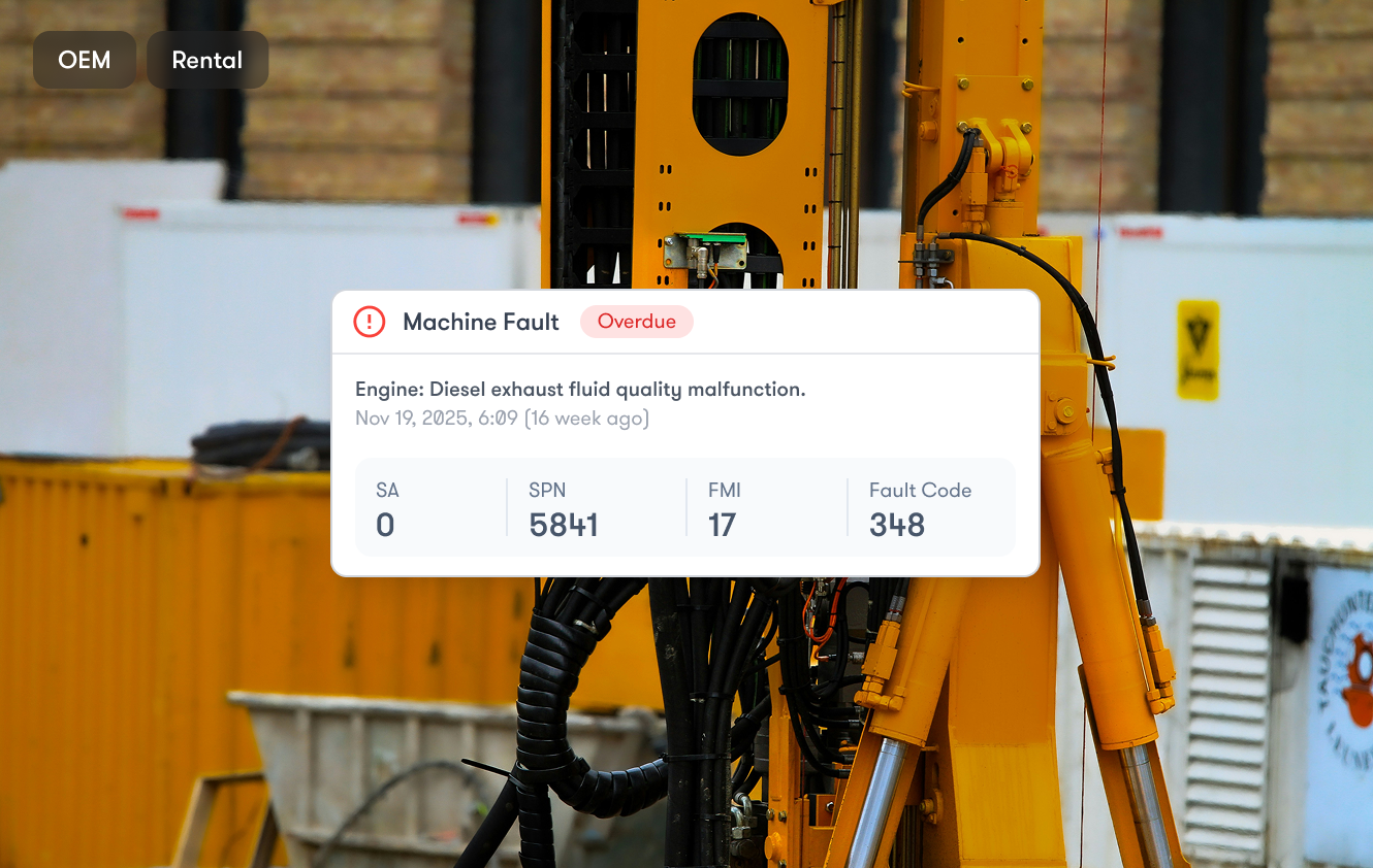 A machine interface shows a diesel engine fault alert with exhaust fluid codes; construction equipment and barriers appear behind.