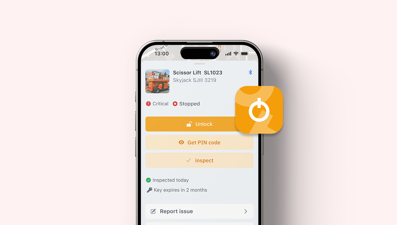 A smartphone shows an equipment management app for a scissor lift with status alerts, unlock, PIN options—construction equipment tracking.