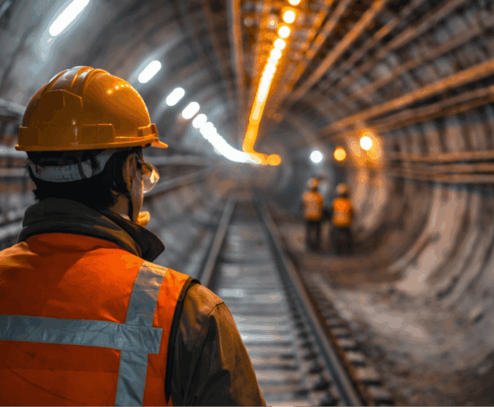 A construction worker in a hard hat and orange vest stands on tracks in an illuminated tunnel, part of a connected jobsite.