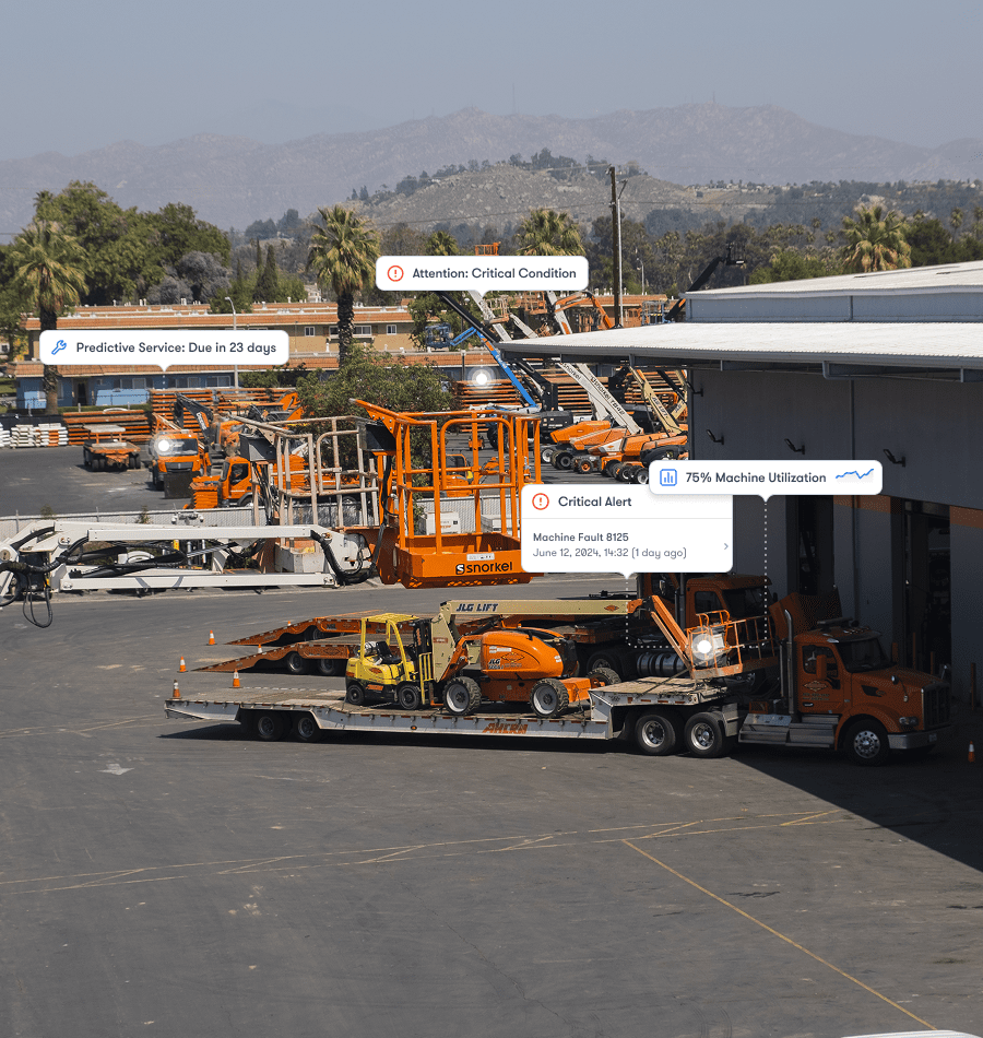 Construction equipment yard with orange machines and trucks; digital alerts show diagnostics and status for connected jobsite.
