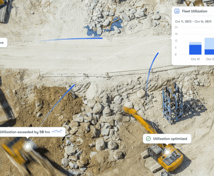 Aerial view of a construction site with three excavators and digital fleet utilization overlays for construction equipment tracking.
