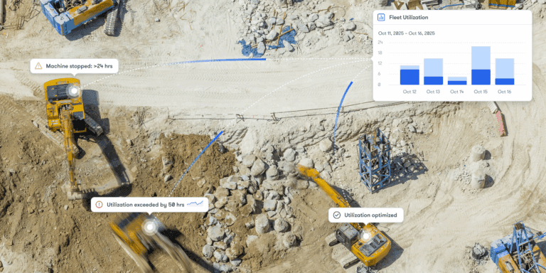 Aerial view of a construction site with three excavators and digital fleet utilization overlays for construction equipment tracking.