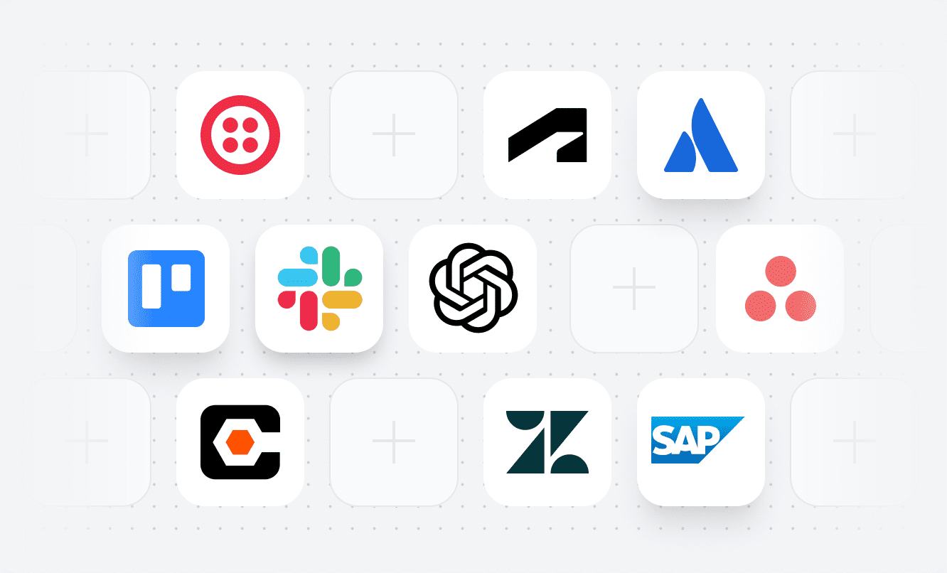 A grid of 13 app logos, including Twilio, Slack, OpenAI, SAP, and more, displayed on white squares against a light gray background.