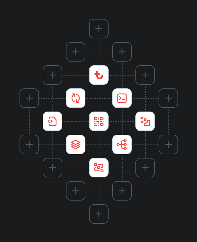 A grid of squares on a dark background, with red tech and data icons in the center, symbolizing construction IoT connectivity.