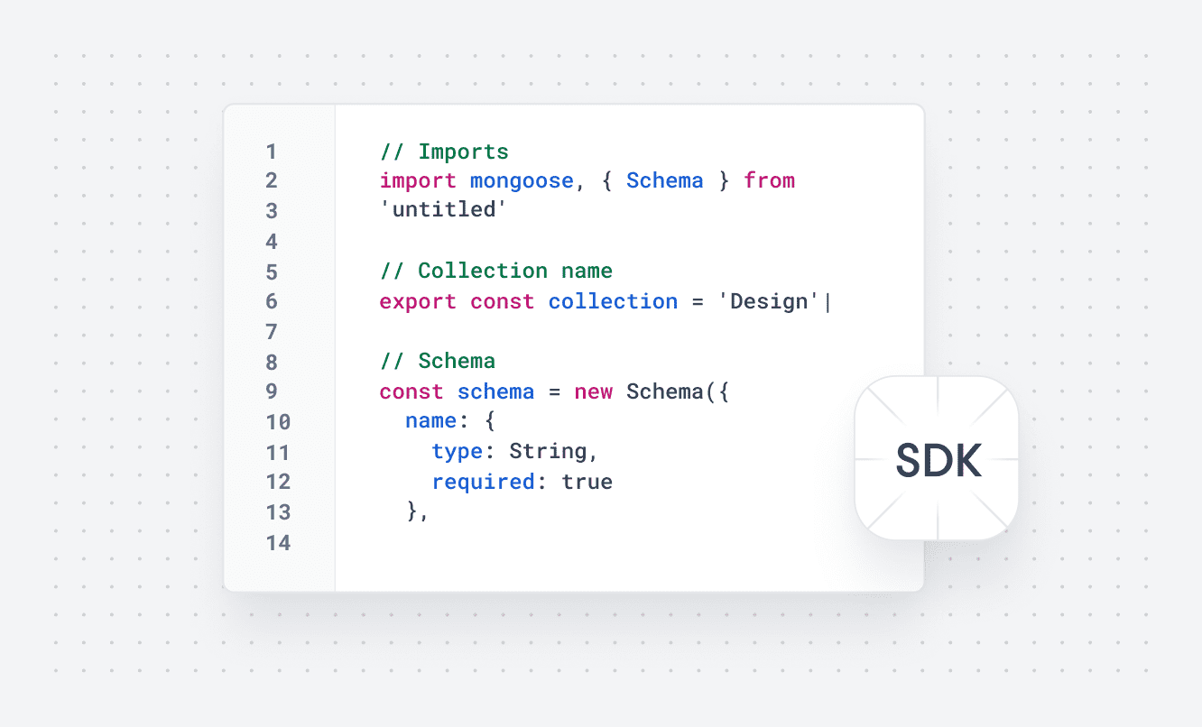 JavaScript code with Mongoose schema for Design collection, SDK icon bottom right, light dotted grid, for connected jobsite.