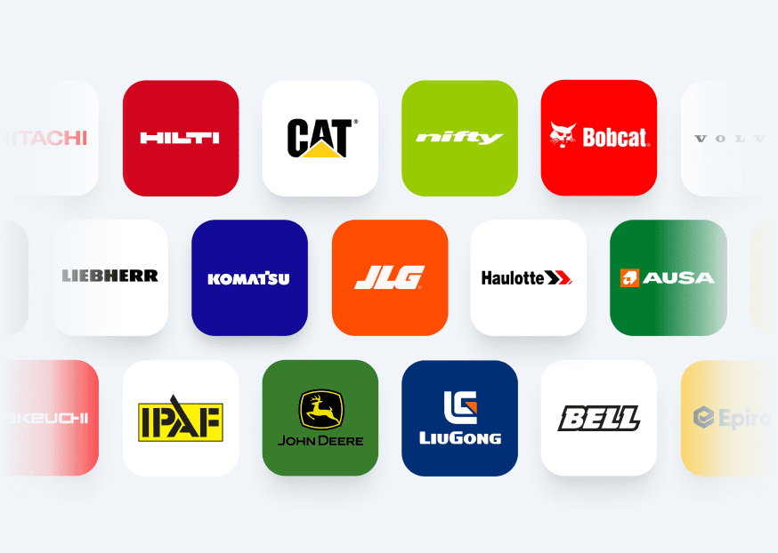 A grid of 18 construction equipment brand logos on colorful rounded squares, including CAT, HILTI, JLG, John Deere, and Komatsu.