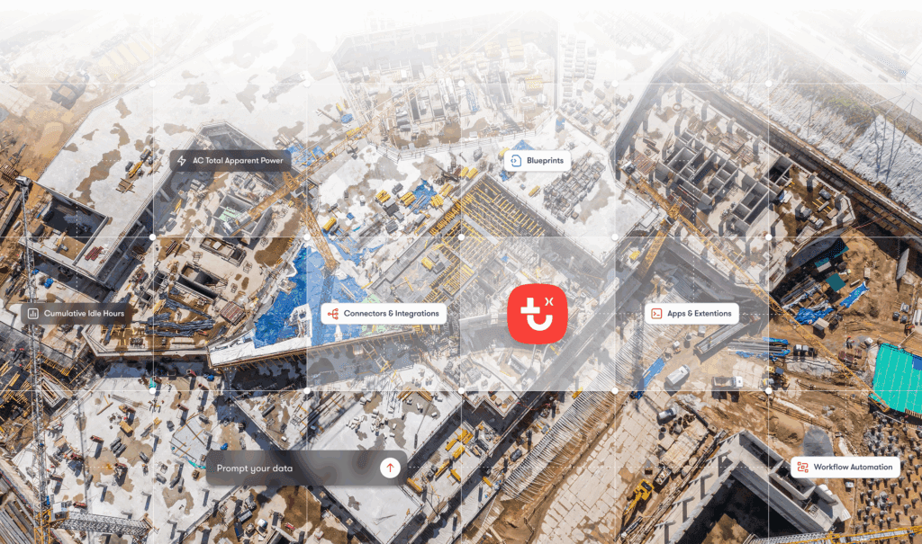 Aerial view of a large construction site with labeled overlays about VDC hours, apps, blueprints, and workflow automation; connected jobsite.