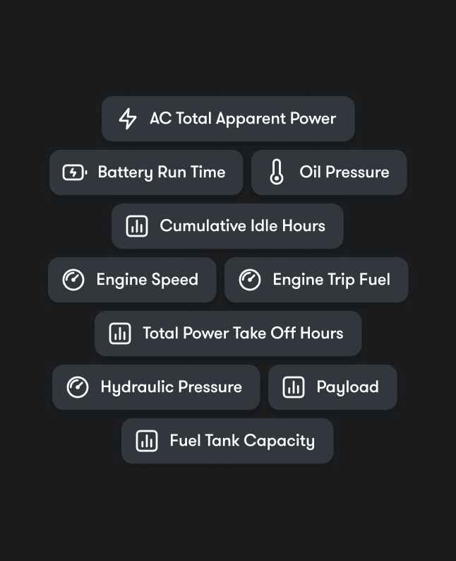 A dark interface shows buttons labeled with equipment stats like power, run time, oil pressure, and fuel for construction telematics.
