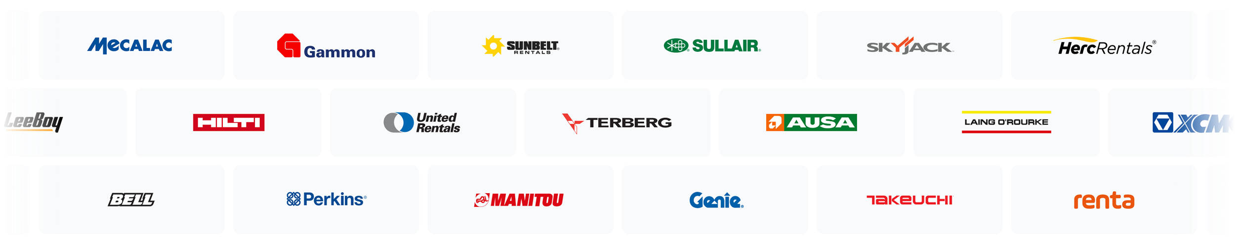 A grid of 21 construction equipment company logos, like MecaLac, Sunbelt Rentals, and Genie, displayed on a white background.