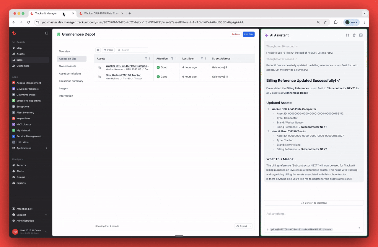 A computer displays the Truckulf Manager web app for construction equipment tracking, showing asset details and an assistant panel.
