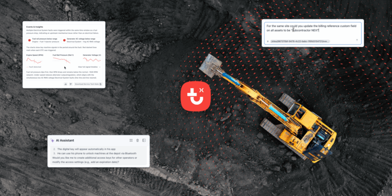 Overhead view of a yellow excavator on dark soil with digital interface boxes and a red unplug icon, highlighting fleet management.