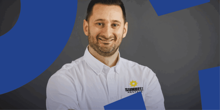 A man in a white Sunbelt Rentals shirt smiles at the camera, with a gray background and blue shapes, suggesting fleet management.