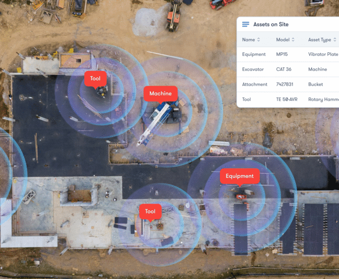 Aerial view of a construction site with zones labeled and digital overlay showing equipment status updates via telematics.