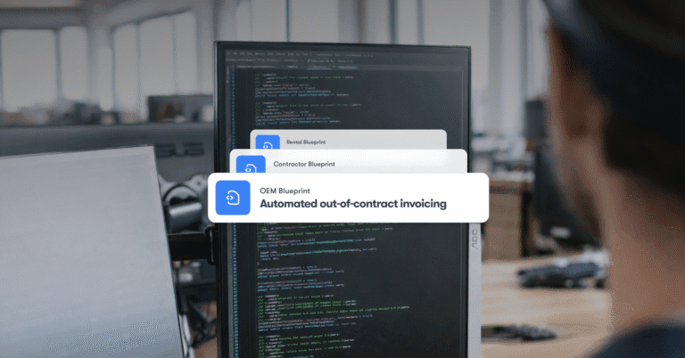 A person at a desk with code on screens, digital cards showing invoicing blueprints for fleet management on the IrisX platform.