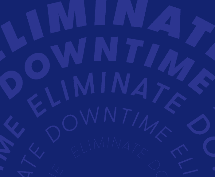 Dark blue background with “ELIMINATE DOWNTIME” in bold, arching text, inspired by Work at Height efficiency and fleet management.