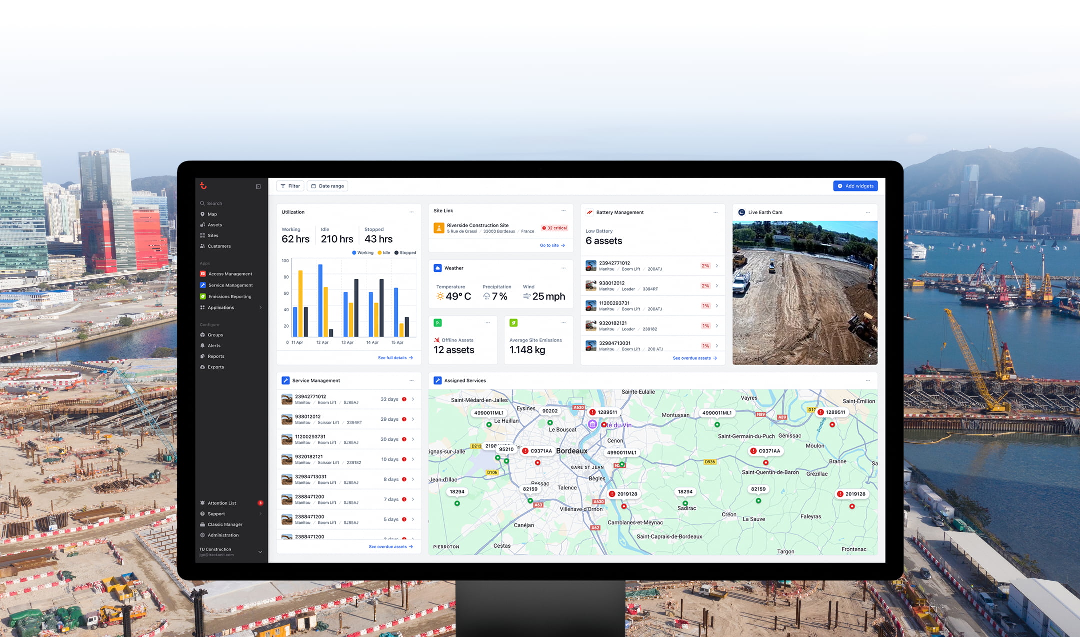 A computer monitor shows a telematics dashboard with charts and a map, set at an urban construction site for fleet management.