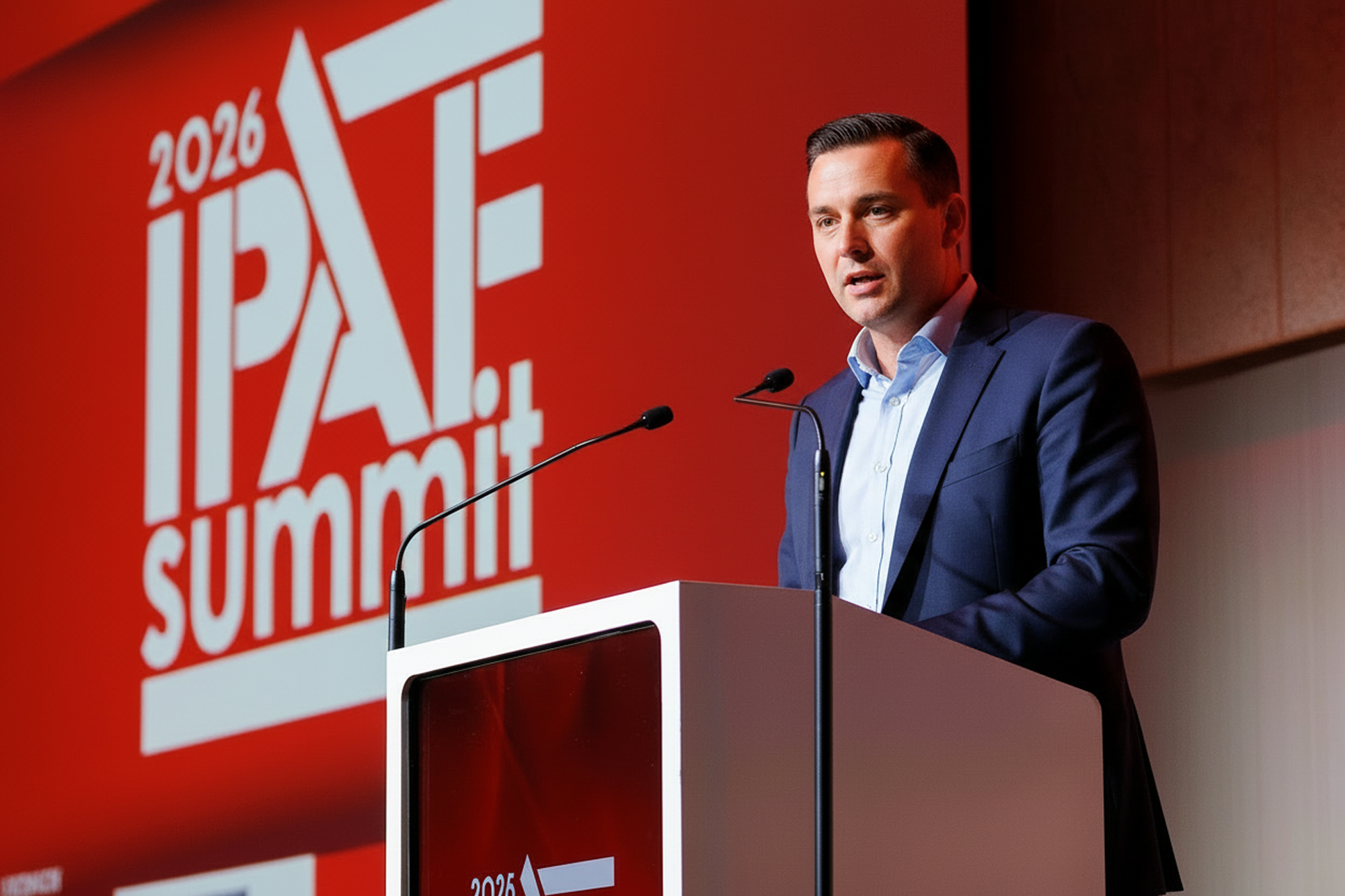 A man in a suit speaks at a podium at the IPAF Summit 2026, backed by a bold red “2026 IPAF summit” display. Fleet management.