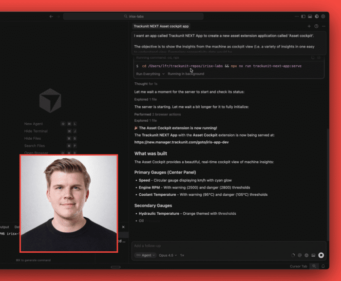 A dark code editor shows asset cockpit steps in Trackunit NEXT. A man explains construction equipment tracking at the bottom left.