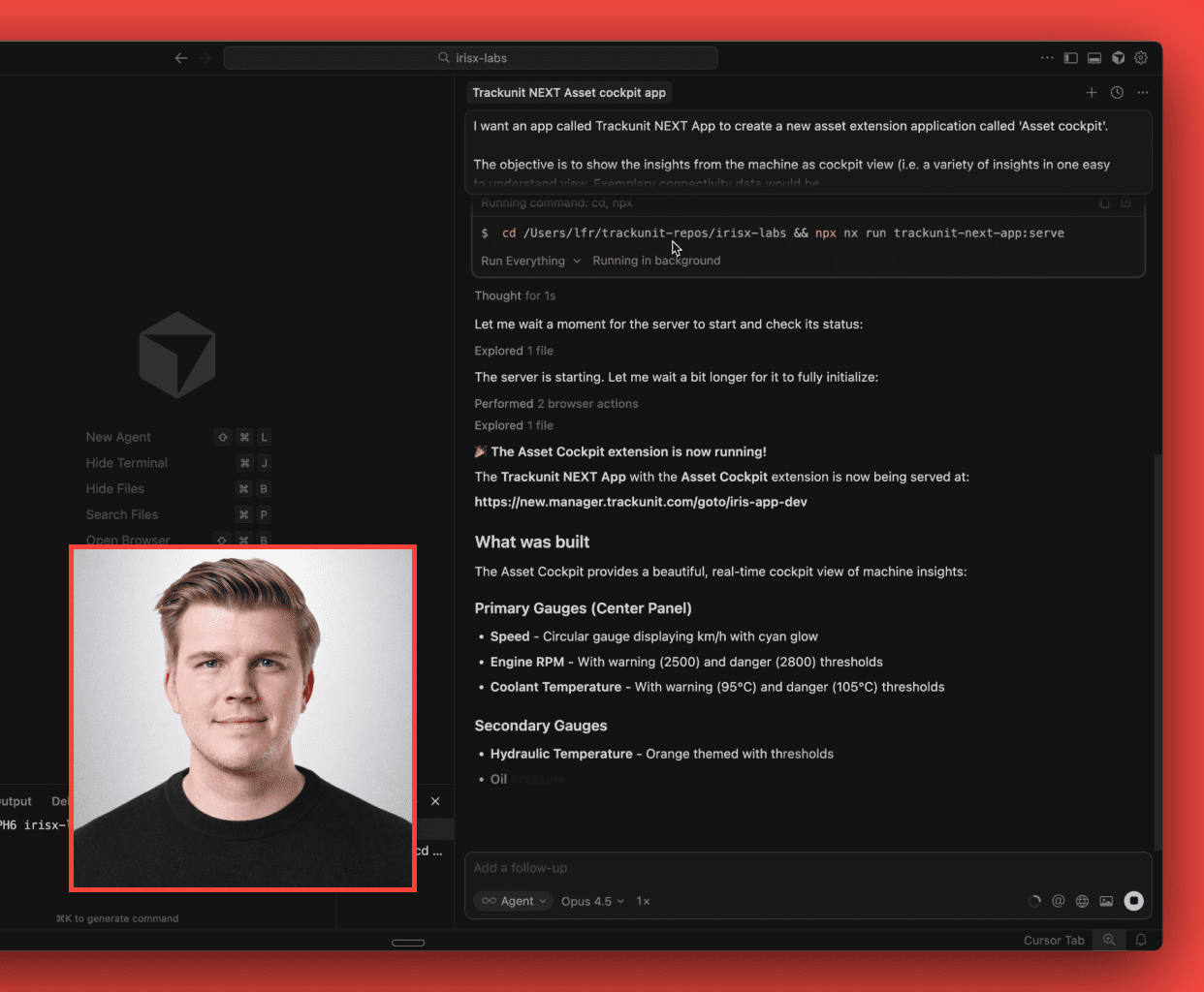 A dark code editor shows asset cockpit steps in Trackunit NEXT. A man explains construction equipment tracking at the bottom left.