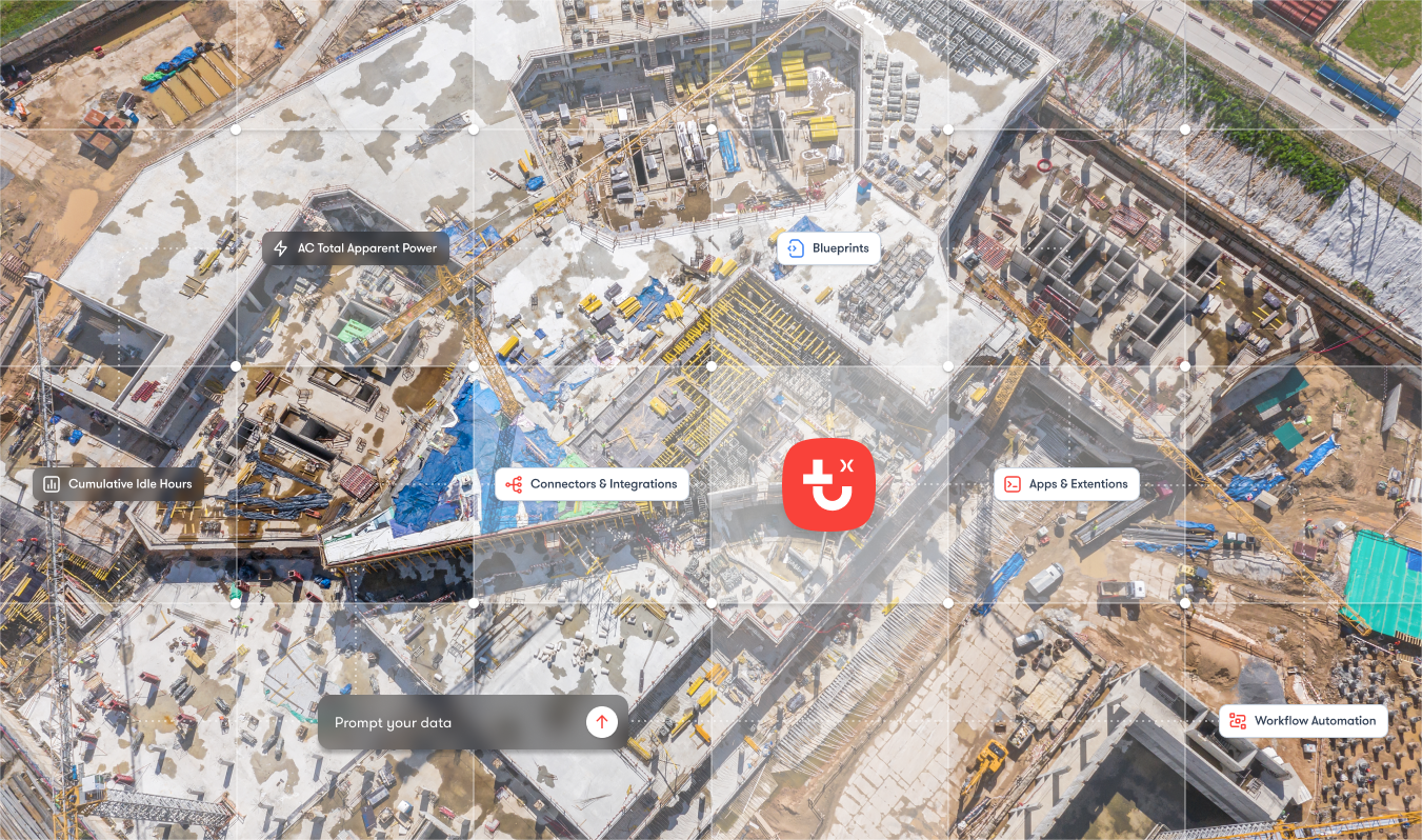 Aerial view of a busy construction site with icons and labels showing interconnected workflow features on a connected jobsite.