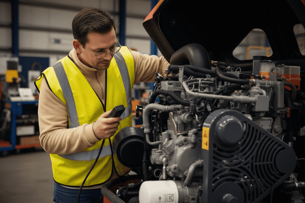 A man in a yellow safety vest uses a diagnostic tool to inspect an industrial machine, illustrating construction equipment tracking.