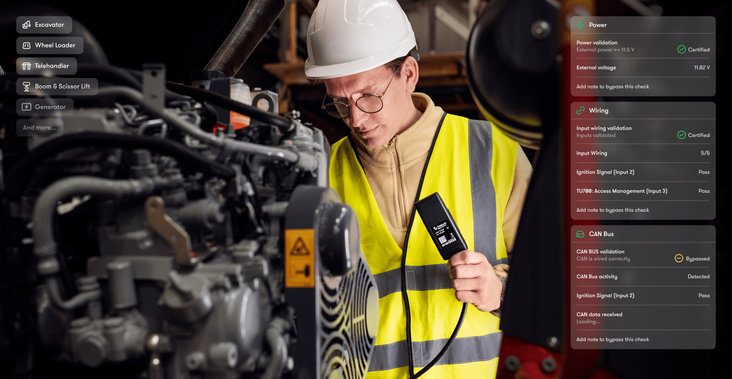 A man in a hard hat and vest checks an engine with a diagnostic tool; an overlay displays system status, hinting at construction IoT.