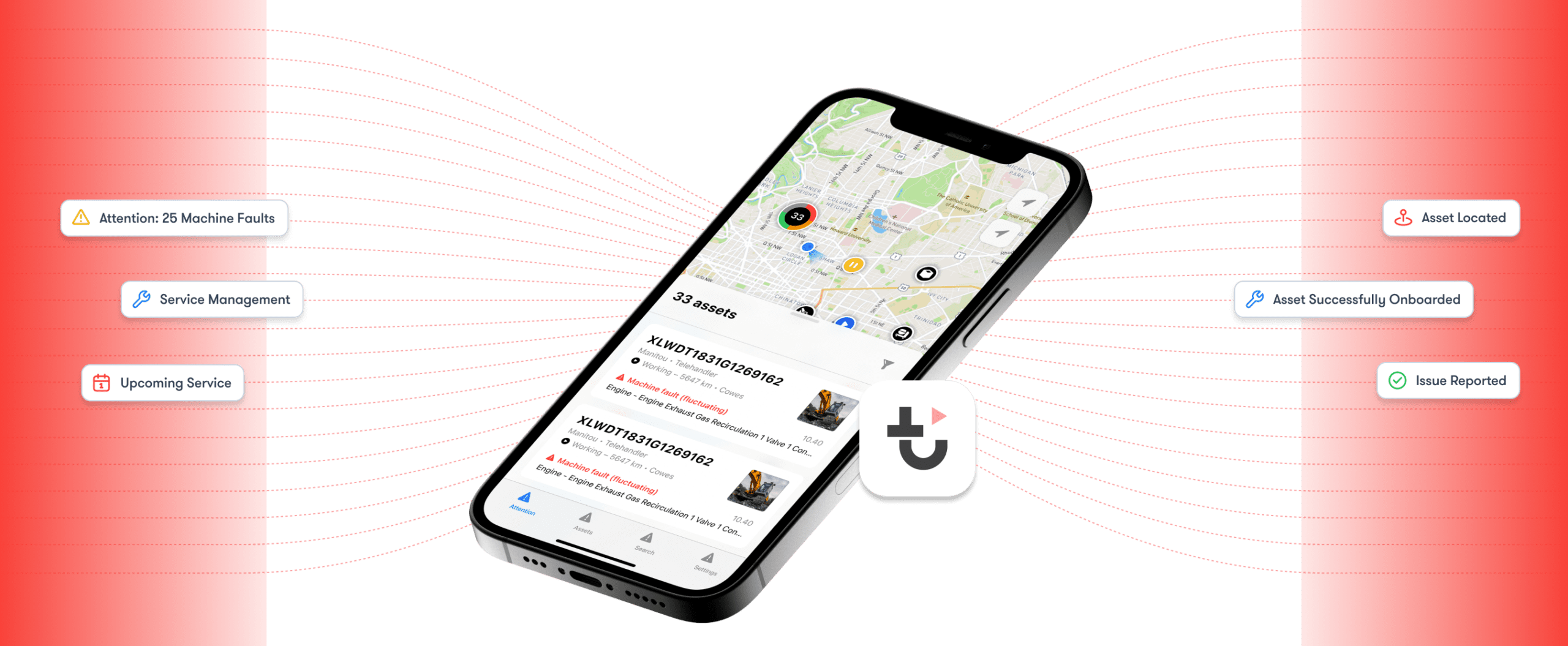 A smartphone shows a map app for construction equipment tracking with asset statuses and service alerts indicated by different icons.